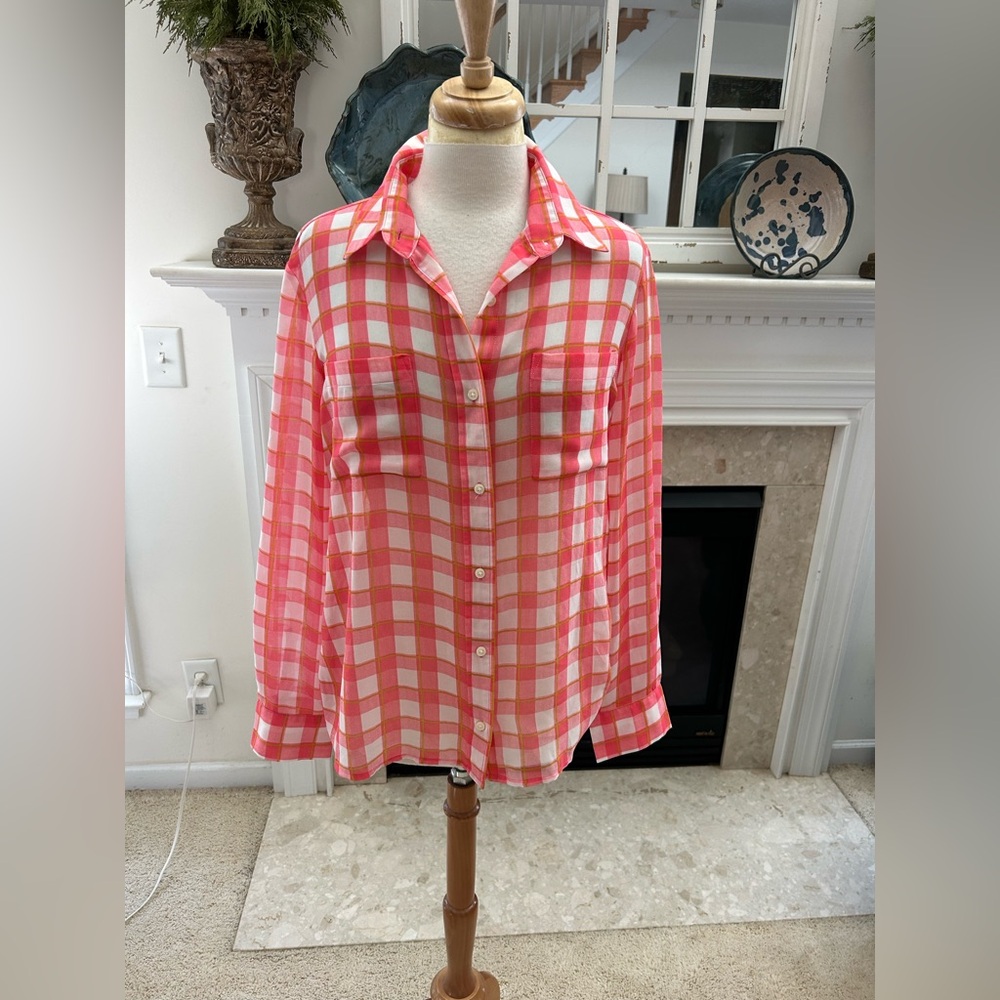 Banana Republic Salmon and White Plaid Semi Sheer Shirt
